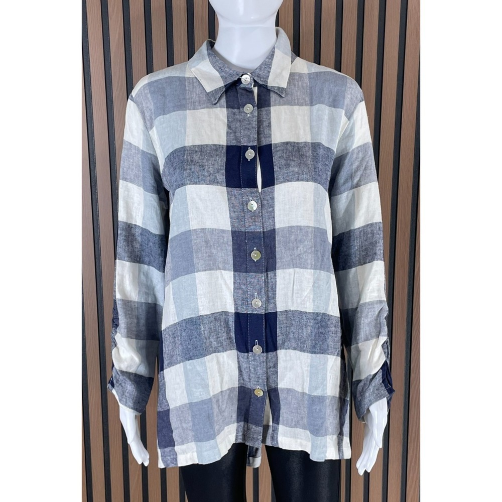Soft Surroundings Carreaux Women's Button-Up Shirt Linen‎ Tunic Plaid Streetwear